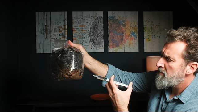 The course creator examining a mushroom grow bag in his studio